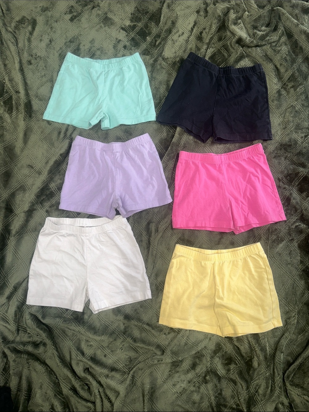 Kids Cotton Pull-On Shorts - Mint, Black, Lavender, Pink, White, Yellow (6-Pack)